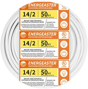 Solid Indoor 14/2 W/G NMB Cable 50ft, Electrical Wire, White 50FT NMB Cable 14 Gauge Wire 2 Conductors 600V Bare Copper Non-Metallic Sheathed Solid Indoor Residential Wire, UL Listed Solid Indoor 14/2 W/G NMB Cable 50ft, Electrical Wire, White 50FT NMB Cable 14 Gauge Wire 2 Conductors 600V Bare Copper Non-Metallic Sheathed Solid Indoor Residential Wire, UL Listed