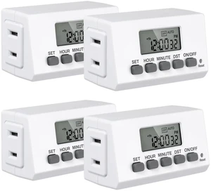 Indoor 24H Programmable Digital Timer Outlet, Slim 1 Outlet, 4 Pack 2 Daily Programs; 125V/15A/1875W; Backup Battery; Side Outlet; For Lamps, Aquarium, Reptile Tanks, Holiday Decor; ETL Listed Indoor 24H Programmable Digital Timer Outlet, Slim 1 Outlet, 4 Pack 2 Daily Programs; 125V/15A/1875W; Backup Battery; Side Outlet; For Lamps, Aquarium, Reptile Tanks, Holiday Decor; ETL Listed