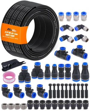 3/8" Air Line Tubing Kit, 100FT SAE J844 PA Nylon Air Hose Tubing with Cutter and Teflon Tape, 3/8" Air Hose with Push to Connect Fittings for Air Brake System Or Fluid Transfer(55PCS) 3/8" Air Line Tubing Kit, 100FT SAE J844 PA Nylon Air Hose Tubing with Cutter and Teflon Tape, 3/8" Air Hose with Push to Connect Fittings for Air Brake System Or Fluid Transfer(55PCS)