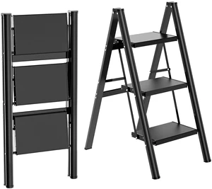 3 Step Ladder, Lightweight Aluminum Folding Step Stool Anti-Slip Wide Pedal, 330lbs Capacity Step Ladder for Household Kitchen Office, Black 3 Step Ladder, Lightweight Aluminum Folding Step Stool Anti-Slip Wide Pedal, 330lbs Capacity Step Ladder for Household Kitchen Office, Black