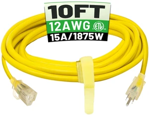 10 FT 12/3 Outdoor Extension Cord Waterproof, Heavy Duty Power Cord 10FT Heavy Duty Flexible Cold-Resistant Long Power Cord Outside, 15Amp 1875W SJTW Yellow ETL Listed 10 FT 12/3 Outdoor Extension Cord Waterproof, Heavy Duty Power Cord 10FT Heavy Duty Flexible Cold-Resistant Long Power Cord Outside, 15Amp 1875W SJTW Yellow ETL Listed