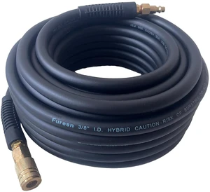 Air Hose 3/8 in x 100 ft, Heavy Duty, Lightweight, Kink Resistant, Hybrid Air Compressor Hose with 1/4 in Solid Brass Male Fittings, Bend Restrictors, 300 PSI (100FT, Black) Air Hose 3/8 in x 100 ft, Heavy Duty, Lightweight, Kink Resistant, Hybrid Air Compressor Hose with 1/4 in Solid Brass Male Fittings, Bend Restrictors, 300 PSI (100FT, Black)