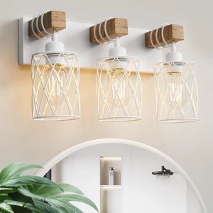 Farmhouse Bathroom Vanity Light, 3-Light Wood Bathroom Light Fixtures Over Mirror, Matte White Industrial Vanity Lights with Metal Shade, Rustic Restroom Lighting Fixtures Farmhouse Bathroom Vanity Light, 3-Light Wood Bathroom Light Fixtures Over Mirror, Matte White Industrial Vanity Lights with Metal Shade, Rustic Restroom Lighting Fixtures