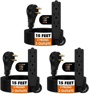 Flat Plug Extension Cord 15 FT Black 3 Outlet 3 Prong Grounded Indoor Extension Cord Low Profile Wall Hugger Angled Plug 16/3 Heavy Duty Power Cord 13A 125V for Office Dorm (3 Pack) Flat Plug Extension Cord 15 FT Black 3 Outlet 3 Prong Grounded Indoor Extension Cord Low Profile Wall Hugger Angled Plug 16/3 Heavy Duty Power Cord 13A 125V for Office Dorm (3 Pack)