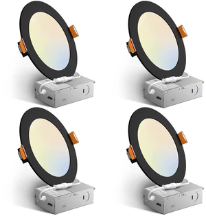 4 Pack 6 Inch Black 5CCT Ultra-Thin LED Recessed Ceiling Light 1050LM High Brightness, 12W Low Power, 5%-100% Smooth Dimming, Junction Box Included, ETL&FCC Listed, Canless Wafer Downlight 4 Pack 6 Inch Black 5CCT Ultra-Thin LED Recessed Ceiling Light 1050LM High Brightness, 12W Low Power, 5%-100% Smooth Dimming, Junction Box Included, ETL&FCC Listed, Canless Wafer Downlight