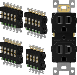 20 Pack Duplex Wall Outlet, 15 Amp Electrical Receptacle, Black 15A 125V, self-grounding, 2-Pole, 3-Wire, shallow body design, UL Listed, Residential Grade, wide compatibility 20 Pack Duplex Wall Outlet, 15 Amp Electrical Receptacle, Black 15A 125V, self-grounding, 2-Pole, 3-Wire, shallow body design, UL Listed, Residential Grade, wide compatibility