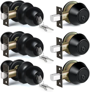 3 Pack Exterior Door Knob with Key Lock and Deadbolt, Keyed Alike Matte Black, Door Knob and Single Cylinder Deadbolt Combination Set 3 Pack Exterior Door Knob with Key Lock and Deadbolt, Keyed Alike Matte Black, Door Knob and Single Cylinder Deadbolt Combination Set