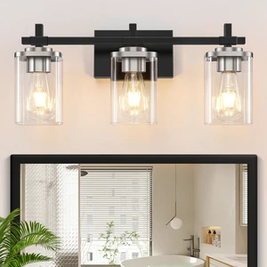 3-Lights Black and Brushed Nickel Bathroom Light Fixtures, Modern Black and Nickel Vanity Light with Clear Glass Shade, Wall Mount Lights Over Mirror for Bedroom Hallway Living Room 3-Lights Black and Brushed Nickel Bathroom Light Fixtures, Modern Black and Nickel Vanity Light with Clear Glass Shade, Wall Mount Lights Over Mirror for Bedroom Hallway Living Room