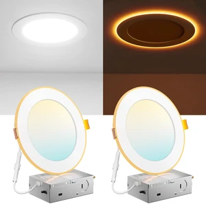 2 Pack 6 Inch LED Recessed Light with Night Light, 5CCT, 1100LM Ultra-Thin Ceiling Light, 5%-100% Dimmable, No Flicker, 2700K-5000K, Canless Wafer Downlight with J-Box, 12W=110W, IC/ETL/FCC 2 Pack 6 Inch LED Recessed Light with Night Light, 5CCT, 1100LM Ultra-Thin Ceiling Light, 5%-100% Dimmable, No Flicker, 2700K-5000K, Canless Wafer Downlight with J-Box, 12W=110W, IC/ETL/FCC