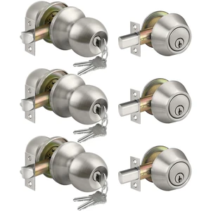 3 Pack Keyed Alike Exterior Door Knob with Key Lock and Deadbolt Front Door Knob with Single Cylinder Deadbolt Lock, Brushed Nickel Reversible Knob for Bedroom, Adjustable Latch 3 Pack Keyed Alike Exterior Door Knob with Key Lock and Deadbolt Front Door Knob with Single Cylinder Deadbolt Lock, Brushed Nickel Reversible Knob for Bedroom, Adjustable Latch