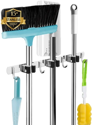 Broom Holder Wall Mount, 3 Racks 4 Hooks Heavy Duty Mop Organizer Mop Holder Wall Mount and Broom Hanger for Garage, Laundry Room, Kitchen and Utility Storage Broom Holder Wall Mount, 3 Racks 4 Hooks Heavy Duty Mop Organizer Mop Holder Wall Mount and Broom Hanger for Garage, Laundry Room, Kitchen and Utility Storage