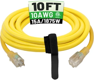 10 Ft 10AWG Outdoor Extension Cord, Yellow Waterproof Heavy Duty, 10 Gauge 3 Prong, Flexible Cold-Resistant, Indoor & Outside with Lighted Indicator End, ETL Listed 10 Ft 10AWG Outdoor Extension Cord, Yellow Waterproof Heavy Duty, 10 Gauge 3 Prong, Flexible Cold-Resistant, Indoor & Outside with Lighted Indicator End, ETL Listed