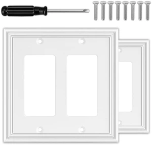 White Decorative Double Decorator Light Switch Covers Wall Plate 2 Pack Natural Material 2 Gang Rocker Switch Plates for Receptacle, GFCI Outlet, Dimmer Switch - Modern Style White Decorative Double Decorator Light Switch Covers Wall Plate 2 Pack Natural Material 2 Gang Rocker Switch Plates for Receptacle, GFCI Outlet, Dimmer Switch - Modern Style
