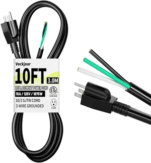 10 ft 10/3 Pigtail Replacement Power Tool Cord, NEMA 5-15P Black 10 AWG 3 Prong Appliance and Power Tool Cord, Open End, Flexible SJTW, 125V AC Pigtail, 13A 1675W, ETL Listed, Indoor/Outdoor 10 ft 10/3 Pigtail Replacement Power Tool Cord, NEMA 5-15P Black 10 AWG 3 Prong Appliance and Power Tool Cord, Open End, Flexible SJTW, 125V AC Pigtail, 13A 1675W, ETL Listed, Indoor/Outdoor