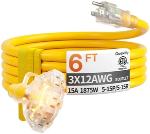 6 FT 12 Gauge Heavy Duty Extension Cord with Multiple Outlets 6 Feet 3 Outlet Yellow Extension Cord Heavy Duty, Indicator, Flexible Waterproof SJTW, 15A 1875W, ETL Listed, Home/Garden 6 FT 12 Gauge Heavy Duty Extension Cord with Multiple Outlets 6 Feet 3 Outlet Yellow Extension Cord Heavy Duty, Indicator, Flexible Waterproof SJTW, 15A 1875W, ETL Listed, Home/Garden