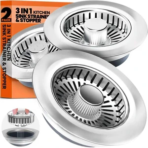 3 in 1 Kitchen Sink Drain Strainer and Stopper Brushed Silver Kitchen Sink Accessories Strainer Basket 2 Pack Stainless Steel Anti-Clog Catcher, Odor-Blocking Seal Fits 3.5" Drain 3 in 1 Kitchen Sink Drain Strainer and Stopper Brushed Silver Kitchen Sink Accessories Strainer Basket 2 Pack Stainless Steel Anti-Clog Catcher, Odor-Blocking Seal Fits 3.5" Drain