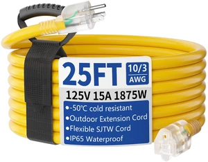 25ft Outdoor/Indoor Extension Cord with Lighted 10/3 Gauge Yellow 3 Prong, Heavy Duty, SJTW, Waterproof, Flexible Cold-Resistant extension cord for Home, Work or Construction, 15A 125V 1875W 25ft Outdoor/Indoor Extension Cord with Lighted 10/3 Gauge Yellow 3 Prong, Heavy Duty, SJTW, Waterproof, Flexible Cold-Resistant extension cord for Home, Work or Construction, 15A 125V 1875W
