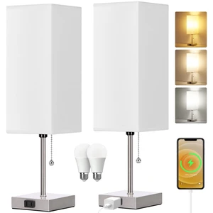 18'' Table Lamp for Bedroom set of 2,3-Color Bedside Lamps with Pull Chain Table Lamps for Nightstand with AC Outlets, Night Light Lamps with 2 Bulbs Lamps for Living Room Kids Office DecorNickel 18'' Table Lamp for Bedroom set of 2,3-Color Bedside Lamps with Pull Chain Table Lamps for Nightstand with AC Outlets, Night Light Lamps with 2 Bulbs Lamps for Living Room Kids Office DecorNickel