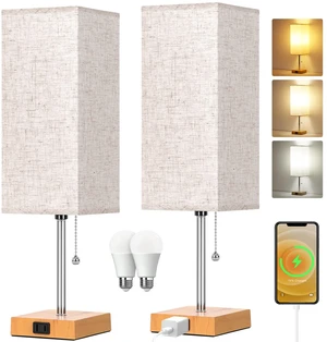 18'' Table Lamp for Bedroom set of 2,3-Color Bedside Lamps with Pull Chain Table Lamps for Nightstand with AC Outlets,Night Light Lamps with 2 Bulbs Lamps for Living Room Kids Room Office DecorWood 18'' Table Lamp for Bedroom set of 2,3-Color Bedside Lamps with Pull Chain Table Lamps for Nightstand with AC Outlets,Night Light Lamps with 2 Bulbs Lamps for Living Room Kids Room Office DecorWood
