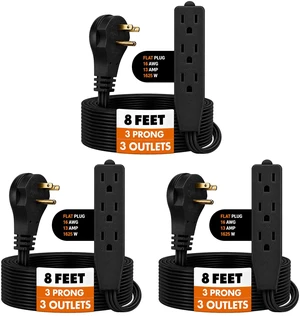Flat Plug Extension Cord 8 FT Black 3 Outlet 3 Prong Grounded Indoor Extension Cord Low Profile Wall Hugger Angled Plug 16/3 Heavy Duty Power Cord 13A 125V for Office Dorm (3 Pack) Flat Plug Extension Cord 8 FT Black 3 Outlet 3 Prong Grounded Indoor Extension Cord Low Profile Wall Hugger Angled Plug 16/3 Heavy Duty Power Cord 13A 125V for Office Dorm (3 Pack)