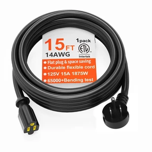 14AWG 15FT Black Flat Plug Extension Cord, Indoor Low Profile Flat Plug, Heavy Duty 3 Prong Grounded, Flexible SJTW, 15A 1875W 125V, ETL Listed, Home/Workshop/Outdoor 14AWG 15FT Black Flat Plug Extension Cord, Indoor Low Profile Flat Plug, Heavy Duty 3 Prong Grounded, Flexible SJTW, 15A 1875W 125V, ETL Listed, Home/Workshop/Outdoor