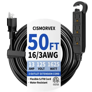 50Ft 3 Prong Multiple Outlets Outdoor Extension Cord, Black Waterproof Grounded 3 outlet Extension Cord, 16/3 AWG Power Strip for Garden Patio Camping, 13A 125V 1625W, ETL Listed 50Ft 3 Prong Multiple Outlets Outdoor Extension Cord, Black Waterproof Grounded 3 outlet Extension Cord, 16/3 AWG Power Strip for Garden Patio Camping, 13A 125V 1625W, ETL Listed