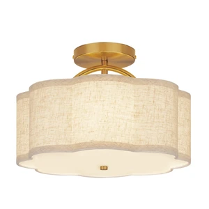 Semi Flush Mount Ceiling Light, 11.8" Modern 3-Light Fixture with Petal-Shaped Cream Beige Linen Shade and Golden Support Arm, Ideal for Bedroom, Kitchen, Living Room, Hallway, and Entryway Semi Flush Mount Ceiling Light, 11.8" Modern 3-Light Fixture with Petal-Shaped Cream Beige Linen Shade and Golden Support Arm, Ideal for Bedroom, Kitchen, Living Room, Hallway, and Entryway