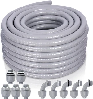 Liquid-Tight Conduit and Connector Kit - 3/4 Inch 50 FT Non Metallic Liquid Tight Electrical Conduit with 5 Straight and 5 Angle Fittings Liquid-Tight Conduit and Connector Kit - 3/4 Inch 50 FT Non Metallic Liquid Tight Electrical Conduit with 5 Straight and 5 Angle Fittings