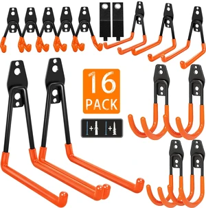 Heavy Duty Steel Hooks-16PK Orange Wall Mount Garage Storage Hangers Wall Hooks Heavy Duty for Hanging Bike, Ladder, Garden Tools,Broom,HoseAnti-Slip Coating Garage Wall Organization Heavy Duty Steel Hooks-16PK Orange Wall Mount Garage Storage Hangers Wall Hooks Heavy Duty for Hanging Bike, Ladder, Garden Tools,Broom,HoseAnti-Slip Coating Garage Wall Organization
