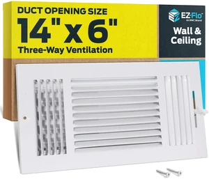 14 x 6 Inch (Duct Opening) Air Vent Cover for Wall or Ceiling, Three-Way Ventilation Register, Solid Steel HVAC Register Cover, White, 61616 14 x 6 Inch (Duct Opening) Air Vent Cover for Wall or Ceiling, Three-Way Ventilation Register, Solid Steel HVAC Register Cover, White, 61616