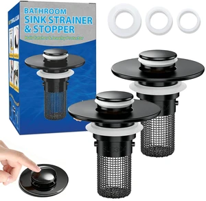 Bathroom Sink Drain Strainer, Pop-Up Bathroom Sink Stopper with Removable Stainless Steel Hair Catcher Basket, Universal Fit for US Bathroom Sinks, Showers & Floor Drains (2pcs-Black) Bathroom Sink Drain Strainer, Pop-Up Bathroom Sink Stopper with Removable Stainless Steel Hair Catcher Basket, Universal Fit for US Bathroom Sinks, Showers & Floor Drains (2pcs-Black)