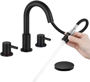 Bathroom Faucet 3 Hole with Pull Down Sprayer Matte Black, 2-Handle Lead-free stainless steel, pop-up drain, 360°swivel, 8-inch widespread Faucet for RV/vanity sink, 3-hole mount Bathroom Faucet 3 Hole with Pull Down Sprayer Matte Black, 2-Handle Lead-free stainless steel, pop-up drain, 360°swivel, 8-inch widespread Faucet for RV/vanity sink, 3-hole mount