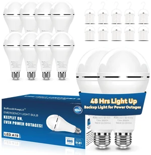 KeepLit 10 Pack Emergency Rechargeable Light Bulbs, 48H Long Lasting & 3 Brightness, 12W 5000K Battery Backup Emergency Light Bulbs for Home Power Outage Camping Hurricane KeepLit 10 Pack Emergency Rechargeable Light Bulbs, 48H Long Lasting & 3 Brightness, 12W 5000K Battery Backup Emergency Light Bulbs for Home Power Outage Camping Hurricane