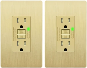 GFCI Outlet 15Amp, Brushed Wall Plate, ETL Listed, Matte Gold, 2-Pack Tamper-Resistant, LED Indicator, Screwless Wall Plate, GFCI Receptacle, Thermoplastic, No-False-Trip, Matte Gold GFCI Outlet 15Amp, Brushed Wall Plate, ETL Listed, Matte Gold, 2-Pack Tamper-Resistant, LED Indicator, Screwless Wall Plate, GFCI Receptacle, Thermoplastic, No-False-Trip, Matte Gold