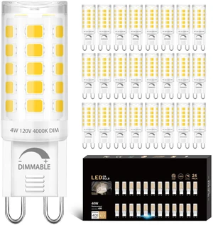24 Pack Dimmable G9 LED Light Bulb 40W Equivalent 4000K Natural White G9 Ceramic Base for Chandelier, Halogen Replacement, T4 Bi Pin, 4W LED, 400LM 120V, CRI85+, 360° Beam Angle for Home Lighting 24 Pack Dimmable G9 LED Light Bulb 40W Equivalent 4000K Natural White G9 Ceramic Base for Chandelier, Halogen Replacement, T4 Bi Pin, 4W LED, 400LM 120V, CRI85+, 360° Beam Angle for Home Lighting