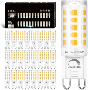 24 Pack Dimmable G9 LED Light Bulb 40W Equivalent 3000K Warm White CRI85+ G9 Ceramic Base for Chandelier, Halogen Replacement, T4 Bi Pin, 4W LED, 400LM 120V, 360° Beam Angle for Home Lighting 24 Pack Dimmable G9 LED Light Bulb 40W Equivalent 3000K Warm White CRI85+ G9 Ceramic Base for Chandelier, Halogen Replacement, T4 Bi Pin, 4W LED, 400LM 120V, 360° Beam Angle for Home Lighting