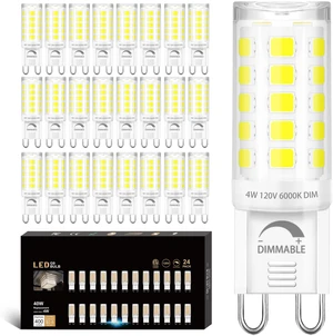 24 Pack Dimmable G9 LED Light Bulb 40W Equivalent 6000K Daylight G9 Ceramic Base for Chandelier, Halogen Replacement, T4 Bi Pin, 4W LED, 400LM 120V, CRI85+, 360° Beam Angle for Home Lighting 24 Pack Dimmable G9 LED Light Bulb 40W Equivalent 6000K Daylight G9 Ceramic Base for Chandelier, Halogen Replacement, T4 Bi Pin, 4W LED, 400LM 120V, CRI85+, 360° Beam Angle for Home Lighting