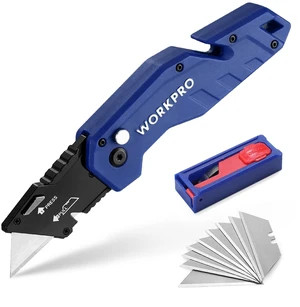 Folding Utility Knife with 10 Blades, Blue Razor Knife with Belt Clip, Lightweight Nylon Handle, Wire Stripper & Gut Hook, Extra 10 SK5 Blades Included Folding Utility Knife with 10 Blades, Blue Razor Knife with Belt Clip, Lightweight Nylon Handle, Wire Stripper & Gut Hook, Extra 10 SK5 Blades Included
