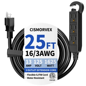 25Ft 3 Prong Multiple Outlets Outdoor Extension Cord, Black Waterproof Grounded 3 outlet Extension Cord, 16/3 AWG Power Strip for Garden Patio Camping, 13A 125V 1625W, ETL Listed 25Ft 3 Prong Multiple Outlets Outdoor Extension Cord, Black Waterproof Grounded 3 outlet Extension Cord, 16/3 AWG Power Strip for Garden Patio Camping, 13A 125V 1625W, ETL Listed