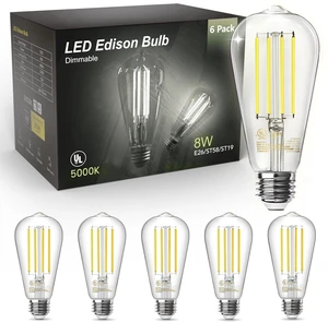 LED Edison Light Bulbs, E26 Dimmable Vintage Bulb, 8W = 60W Equivalent Daylight White 5000K, 800LM, E26 Base, ST19/58, 80+CRI, Clear Glass, Antique Decorative Filament Bulb for Living Room, 6 Pack LED Edison Light Bulbs, E26 Dimmable Vintage Bulb, 8W = 60W Equivalent Daylight White 5000K, 800LM, E26 Base, ST19/58, 80+CRI, Clear Glass, Antique Decorative Filament Bulb for Living Room, 6 Pack