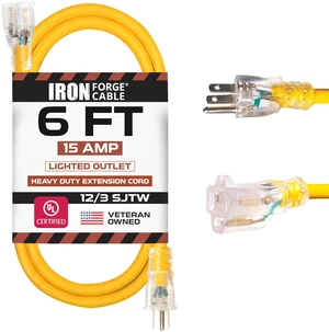 6 Foot Lighted Outdoor Extension Cord - 12/3 SJTW Heavy Duty Yellow Extension Cable with 3 Prong Grounded Plug for Safety, 15 AMP - Great for Garden and Major Appliances 6 Foot Lighted Outdoor Extension Cord - 12/3 SJTW Heavy Duty Yellow Extension Cable with 3 Prong Grounded Plug for Safety, 15 AMP - Great for Garden and Major Appliances