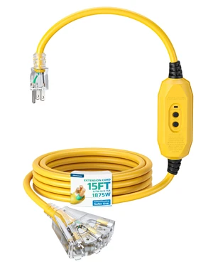 15FT GFCI Extension Cord, Auto Reset, 12/3 AWG SJTW LED Indicator Light, 3 Prong Plug, Heavy Duty Power Cable for Pool Pump, Pressure Washer, Lawn Mower, UL Listed, Yellow 15FT GFCI Extension Cord, Auto Reset, 12/3 AWG SJTW LED Indicator Light, 3 Prong Plug, Heavy Duty Power Cable for Pool Pump, Pressure Washer, Lawn Mower, UL Listed, Yellow