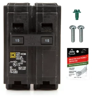Genuine Square D HOM215 Circuit Breaker Kit Bundle (1 Pack), 15 Amp (15A) Double Pole, 120/240V, 10kAIC, UL Listed, Plug-On for Homeline Load Centers & Panel Box, New Replacement Genuine Square D HOM215 Circuit Breaker Kit Bundle (1 Pack), 15 Amp (15A) Double Pole, 120/240V, 10kAIC, UL Listed, Plug-On for Homeline Load Centers & Panel Box, New Replacement