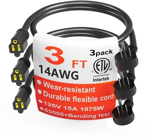 14 Gauge 3 FT 3 Pack Black Flat Plug Extension Cord, Indoor Low Profile Flat Plug, Heavy Duty 3 Prong Grounded, Flexible SJTW, 15A 1875W 125V, ETL Listed, Home/Workshop/Outdoor 14 Gauge 3 FT 3 Pack Black Flat Plug Extension Cord, Indoor Low Profile Flat Plug, Heavy Duty 3 Prong Grounded, Flexible SJTW, 15A 1875W 125V, ETL Listed, Home/Workshop/Outdoor