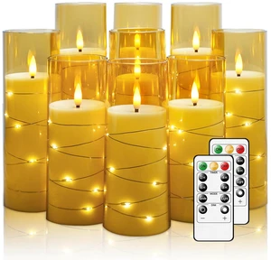 Flickering Flameless LED Candles,Battery Operated Candles 9 Pcs with Embedded Star String,Acrylic LED Pillar Candles with Remote,Suitable for Home Decoration to Create an AtmosphereGold Flickering Flameless LED Candles,Battery Operated Candles 9 Pcs with Embedded Star String,Acrylic LED Pillar Candles with Remote,Suitable for Home Decoration to Create an AtmosphereGold