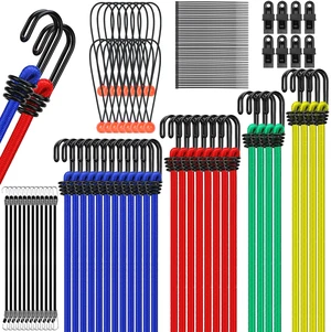 66-Piece Premium Bungee Cords Assortment Jar, Includes 10", 18", 24", 32", 40" Bungee Cord with Hooks, 6" Nylon Cable Ties, 8" Canopy Tarp Ball Ties and Tarp Clips 66-Piece Premium Bungee Cords Assortment Jar, Includes 10", 18", 24", 32", 40" Bungee Cord with Hooks, 6" Nylon Cable Ties, 8" Canopy Tarp Ball Ties and Tarp Clips