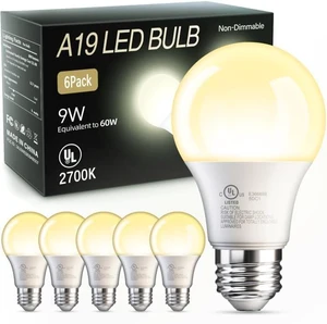 6 Pack A19 LED Light Bulbs, 60 Watt Equivalent LED Bulb, Soft Warm White 2700K, Efficient 9W, E26 Standard Base, Non Dimmable Energy Saving Light Bulb, 800LM, 80 CRI, 120V, UL Listed 6 Pack A19 LED Light Bulbs, 60 Watt Equivalent LED Bulb, Soft Warm White 2700K, Efficient 9W, E26 Standard Base, Non Dimmable Energy Saving Light Bulb, 800LM, 80 CRI, 120V, UL Listed