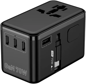 70W GaN Travel Adapter with Built-in USB-C Cable 6-in-1 International Plug Adapter for 200+ Countries with US, EU, UK & AU Plugs, Fast Charging for Laptops, Phones & Tablets 70W GaN Travel Adapter with Built-in USB-C Cable 6-in-1 International Plug Adapter for 200+ Countries with US, EU, UK & AU Plugs, Fast Charging for Laptops, Phones & Tablets