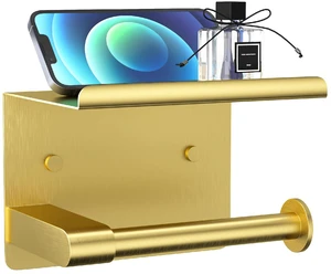 Brushed Gold Toilet Paper Holder Wall Mount, Adhesive or Screw-in Fits Mega Rolls Size, Waterproof and Rustproof Stainless Steel, with Shelf Wall Mount Design, Thickened Thickness Design Brushed Gold Toilet Paper Holder Wall Mount, Adhesive or Screw-in Fits Mega Rolls Size, Waterproof and Rustproof Stainless Steel, with Shelf Wall Mount Design, Thickened Thickness Design