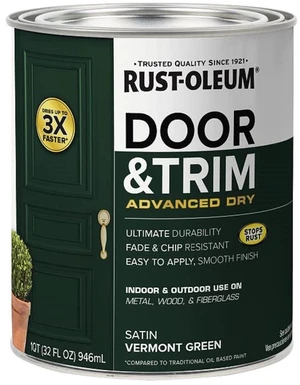 Stops Rust Door & Trim Paint, Satin Vermont Green Ultimate Durability on Metal, Wood and Fiberglass Durable Chip and Fade Resistance Smooth Finish Indoor and Outdoor Stops Rust Door & Trim Paint, Satin Vermont Green Ultimate Durability on Metal, Wood and Fiberglass Durable Chip and Fade Resistance Smooth Finish Indoor and Outdoor